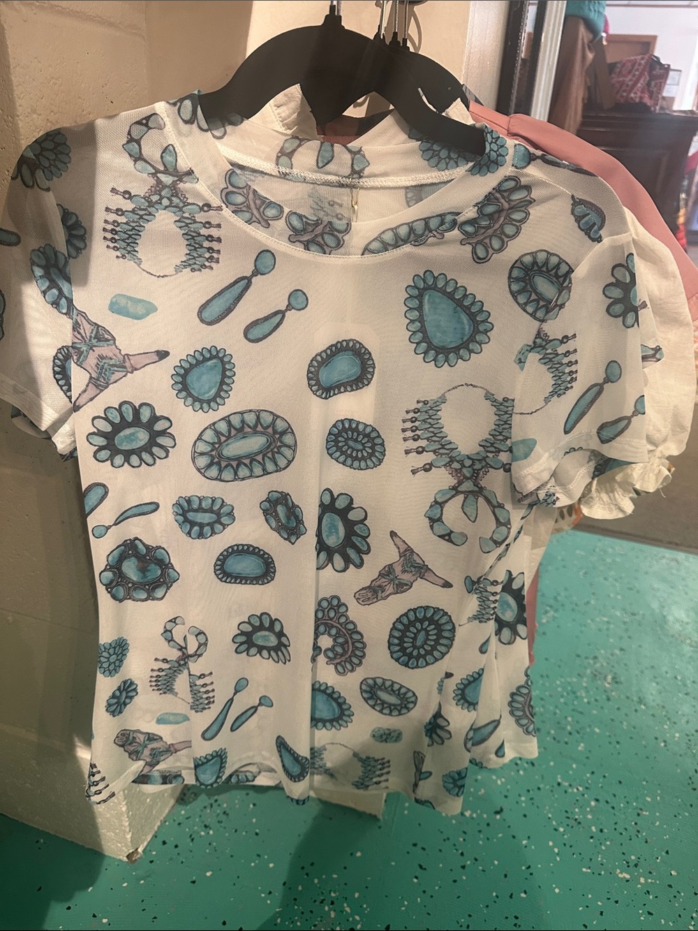 White Short Sleeve Tee with Turquoise Southwestern Motif